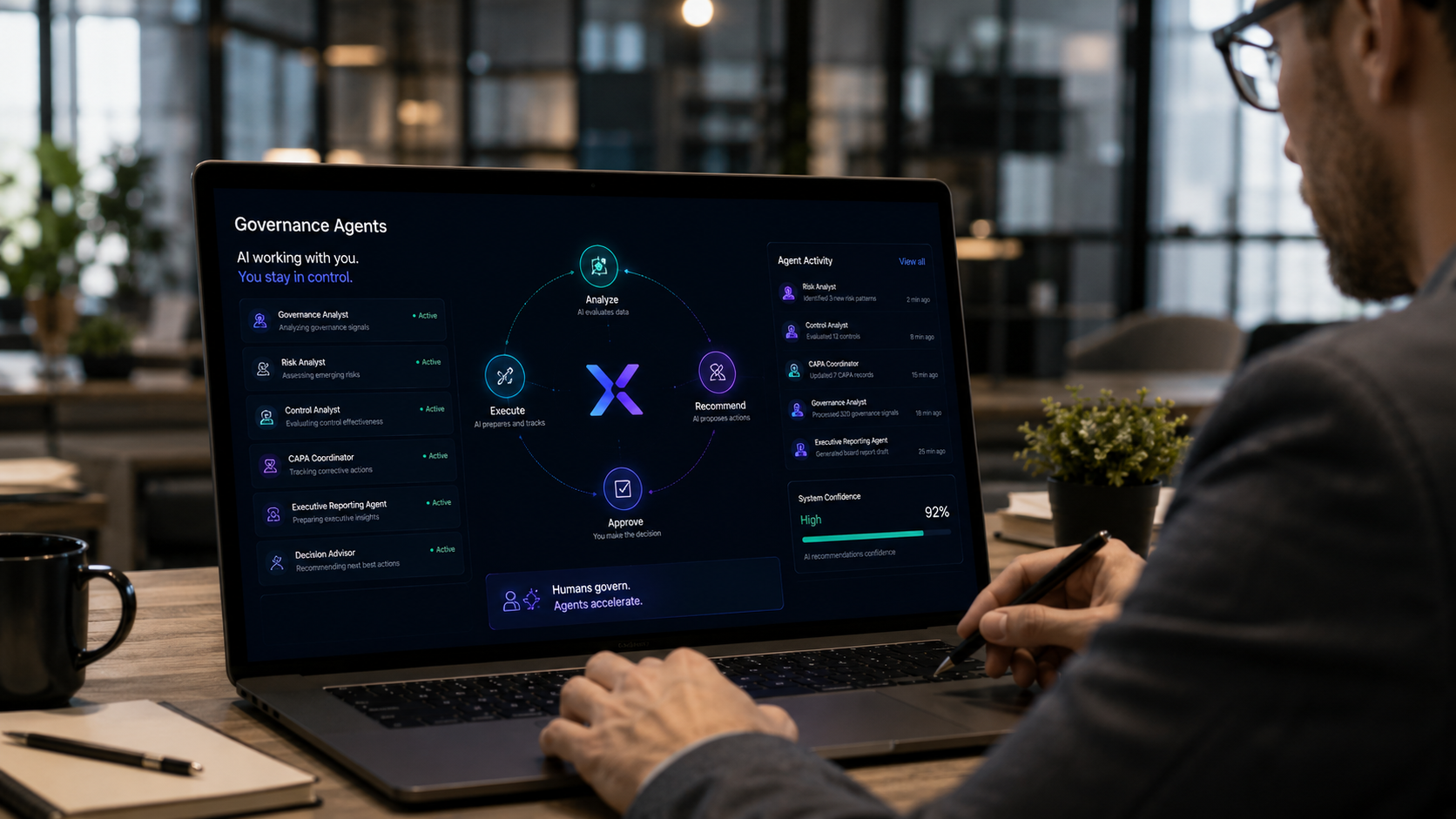 XRegula Governance Agents interface showing AI agents collaborating with humans on governance tasks