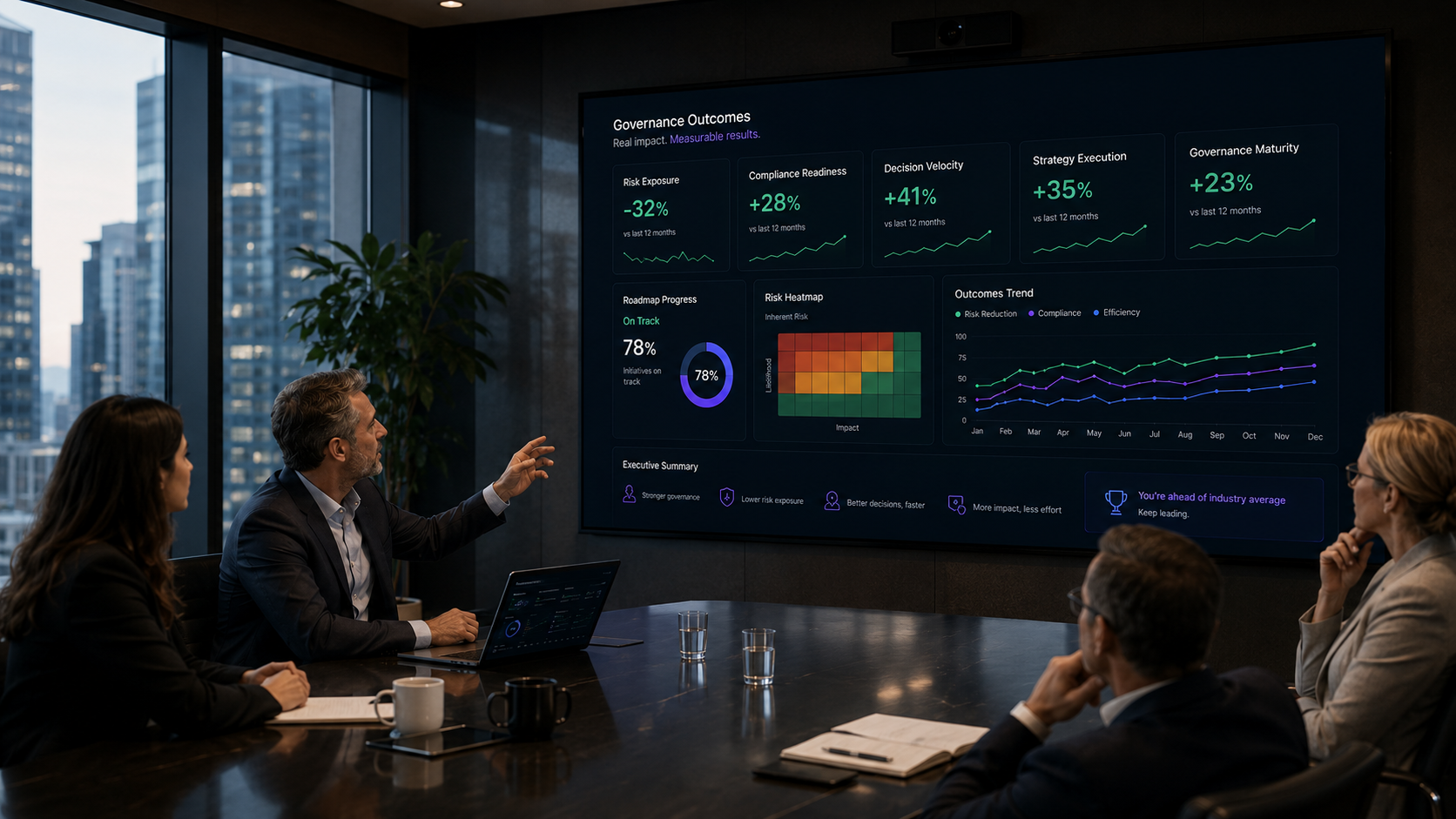Executive boardroom reviewing XRegula Governance Outcomes dashboard